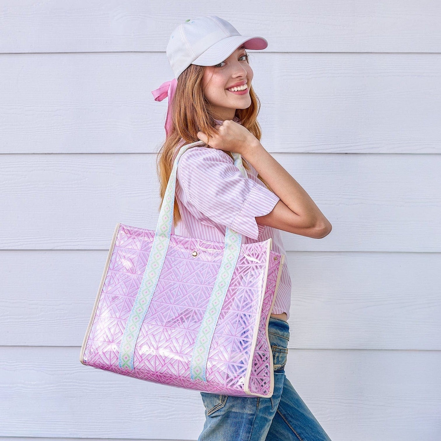 Pink Geo Tile Clear Vinyl Tote Bag